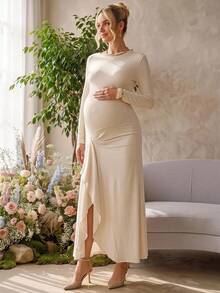 Loomaby Maternity Solid Color Round Neck Long Sleeve Ruffle Hem Split Hem Dress Dress Gender Reveal Dress Maternity Dress Baby Shower Dress Fall - Khaki - View 15