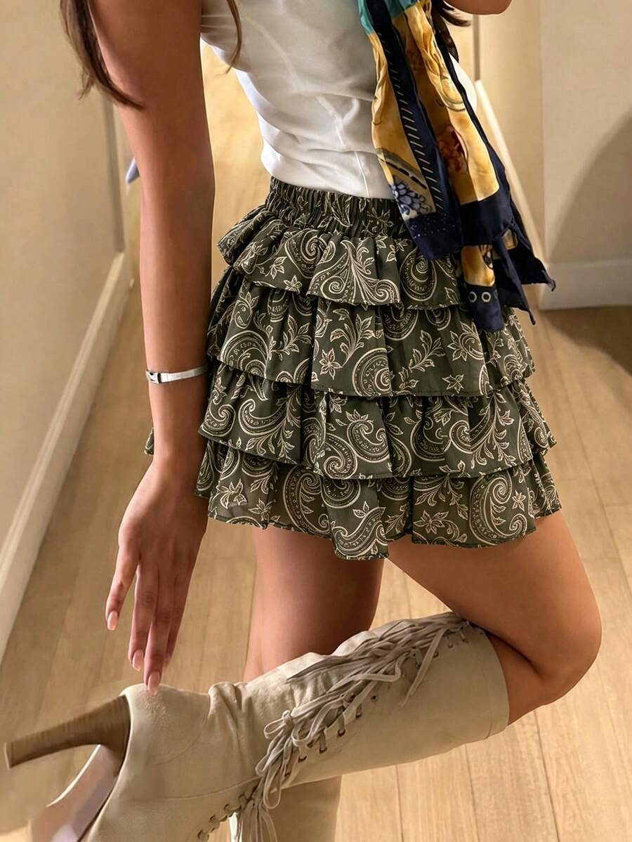 Rina Fox Falda de estilo pastel con estampado integral y volantes abullonados en el bajo para mujer, primavera/verano - Verde - Ver 1