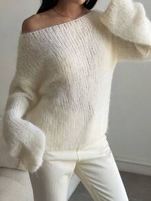 DAZY Women's Asymmetric Shoulder Loose Long Sleeve Elegant Sweater Fall - Beige - View 4