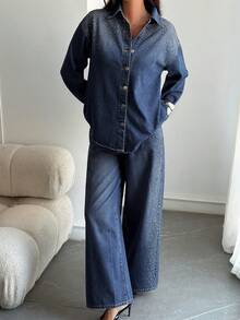 DAZY Women's Rhinestone Blouse And Straight Leg Pants Casual 2 Pieces Denim Set Fall - Medium Wash - View 3