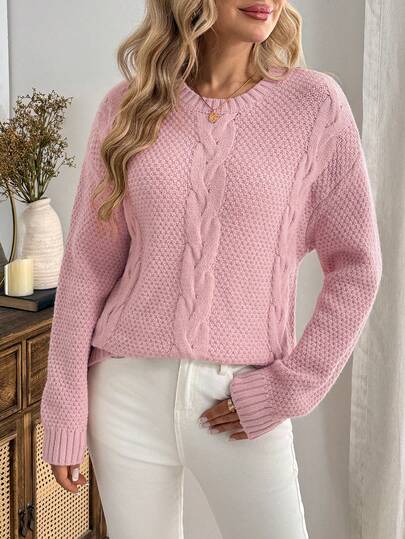 EMERY ROSE Women's Cable Knit Crew Neck Long Sleeve Casual Sweater