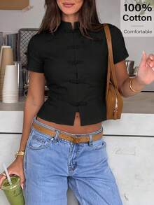 Siren Gaze Women's Solid Color Short Sleeve Stand Collar Frog Button Design Cropped Shirt - Black - View 7