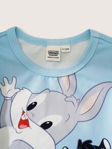 LOONEY TUNES X SHEIN Baby Boy Cartoon Print Crew Neck Short Sleeve Top And Shorts Casual Sleepwear Set - Baby Blue - View 4
