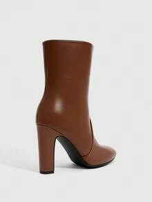 Daringsoles 女款純色圓頭粗跟套腳中筒靴，日常通勤辦公百搭人造皮革短靴 - 棕色 - 查看 3