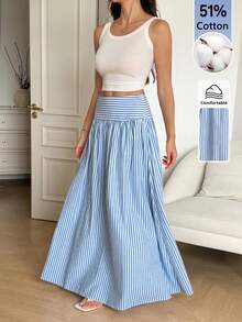 SHEIN Tall Rok Lipit Bergaris Kasual Serbaguna untuk Wanita, Cocok untuk Sehari-hari - Blue and White - View 8