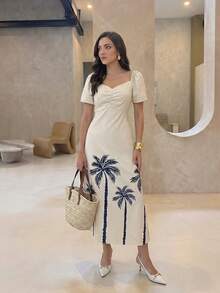 Rue Lumi Women's Casual Digital Coconut Tree Print V-Neck A-Line Long Dress - Apricot - View 5