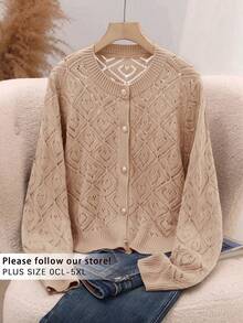 SHEIN Clasi Solid Color Hollow Knit Plus Size Cardigan - Khaki - View 11