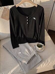 SHEIN EZwear 大尺碼長袖T恤與條紋長褲2件套 秋季 - 彩色 - 查看 7