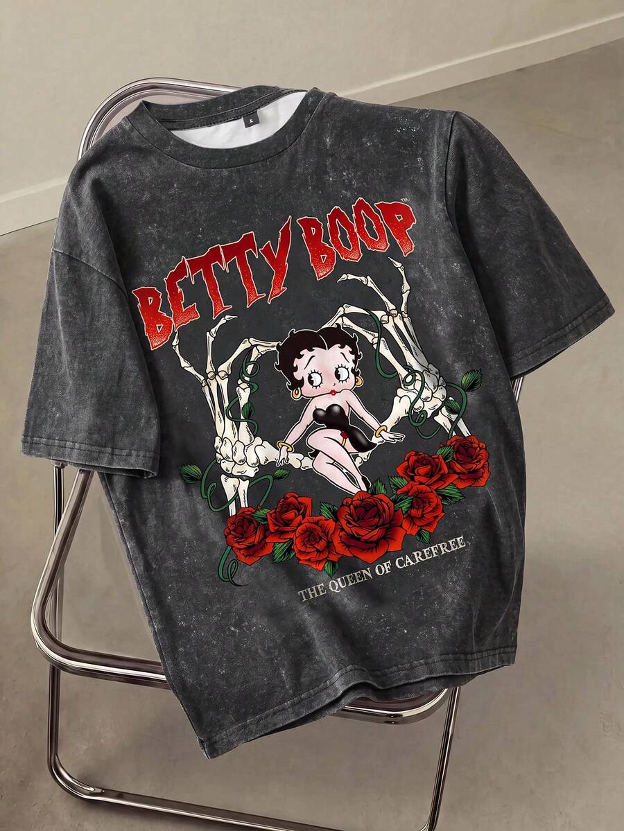 Betty Boop x SHEIN 女款花卉字母印花可愛圓領短袖T恤街頭風 - 白色 - 查看 1