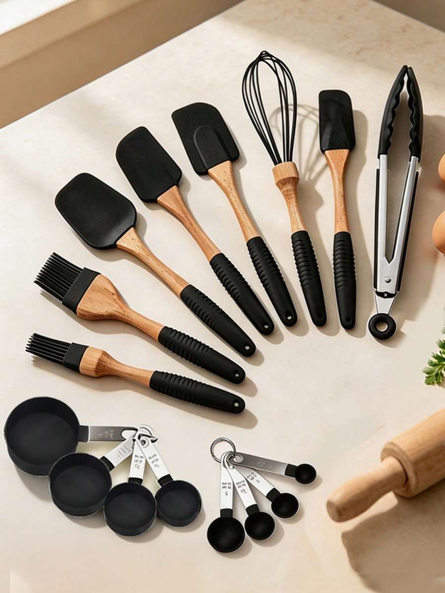 Haus Hana Silicone Baking Set Silicone Scraper 10-Piece Integrated Oil Brush Cake Cream Spatula Set Cake Spatula - Black - View 1