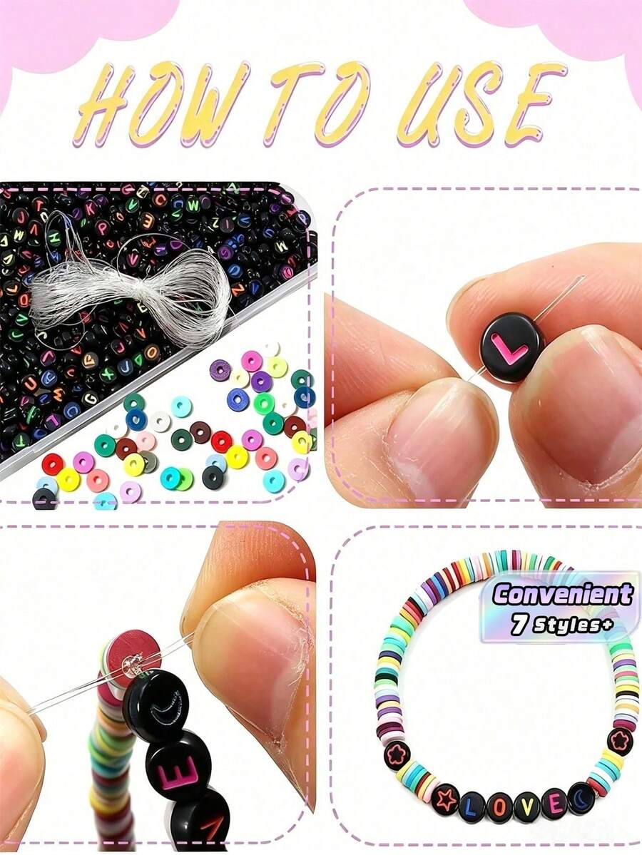 1000 Buah Per Kemasan - Manik-Manik Huruf Akrilik Hitam, 4x7 Mm - Dekorasi Rangkaian Huruf A sampai Z, Cocok untuk Gelang, Kalung, Gantungan Kunci, dan Perhiasan Buatan Sendiri. - MultiWarna - View 1