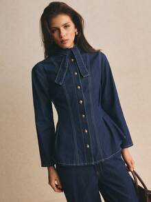 Poéselle Women's Long Sleeve Single-Breasted Denim Shirt With Tie Neckline Design - Dark Wash - View 6