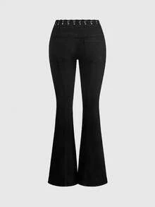 ROMWE Grunge Punk Y2K Punk Eyelet Lace-Up Waist Design Low-Rise Women's Jeans, Autumn/Winter Halloween - Black - View 2