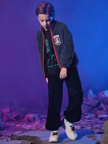 BATMAN X SHEIN Tween Boy Letter Embroidery Contrast Binding Fluffy Coat - Dark Grey - View 4