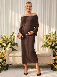 Loomaby Elegant Chic Casual Maternity Cold Shoulder Party Babyshower Baby Shower Photoshoot Dress For Women Gender Reveal Autumn Brown - Camel - View 3