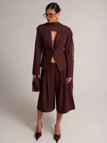 SHEIN BAE Brown Chiffon Scarf Blazer & Pants Set, Long Sleeve Elegant Two Pieces Suit Set For Office Fall, Elegant, Office Elegance - Brown - View 8