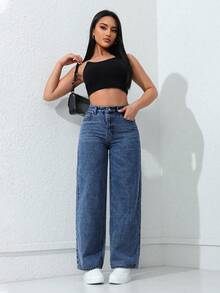 SHEIN PETITE 女款休閒日常牛仔褲，附口袋與鈕扣設計 - 深色水洗藍 - 查看 6
