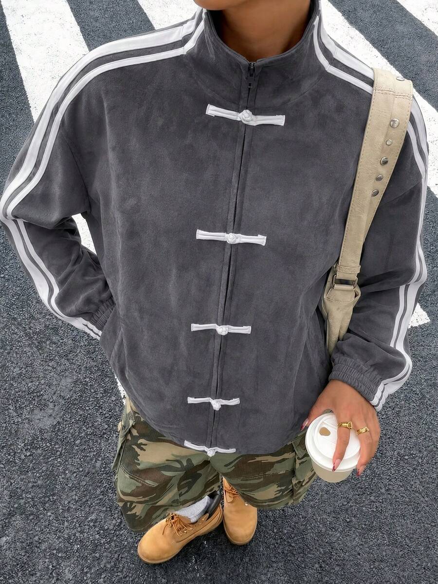 STEELVANCE Men's Suede-Look Retro Streetwear Jacket With Frog Button Closure Grey Winter - Grey - View 1