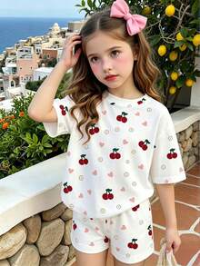 Set de 2 piezas de camiseta de manga corta con estampado de frutas y cerezas y pantalones cortos casuales para niñas, uso cómodo para primavera, verano y otoño - Multicolor - Ver 3