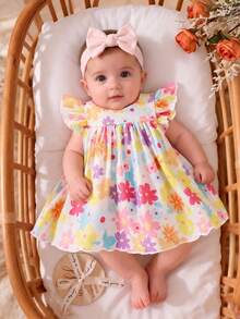 SHEIN Newborn Baby Girl Summer Cute Sleeveless Knit Dress Colorful Ruffled Trim A-Line Doll Silhouette Skirt Soft Stretch Fabric Playful Prints Apparel - Multicolor - View 9