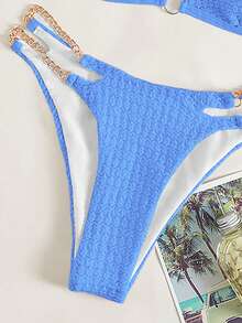 Swim Basics 2026 Spring/Summer 2-Piece Women's Blue Chain Strap Halter Sexy Sweet New Beach Vacation Bikini Swimsuit - Blue - View 4