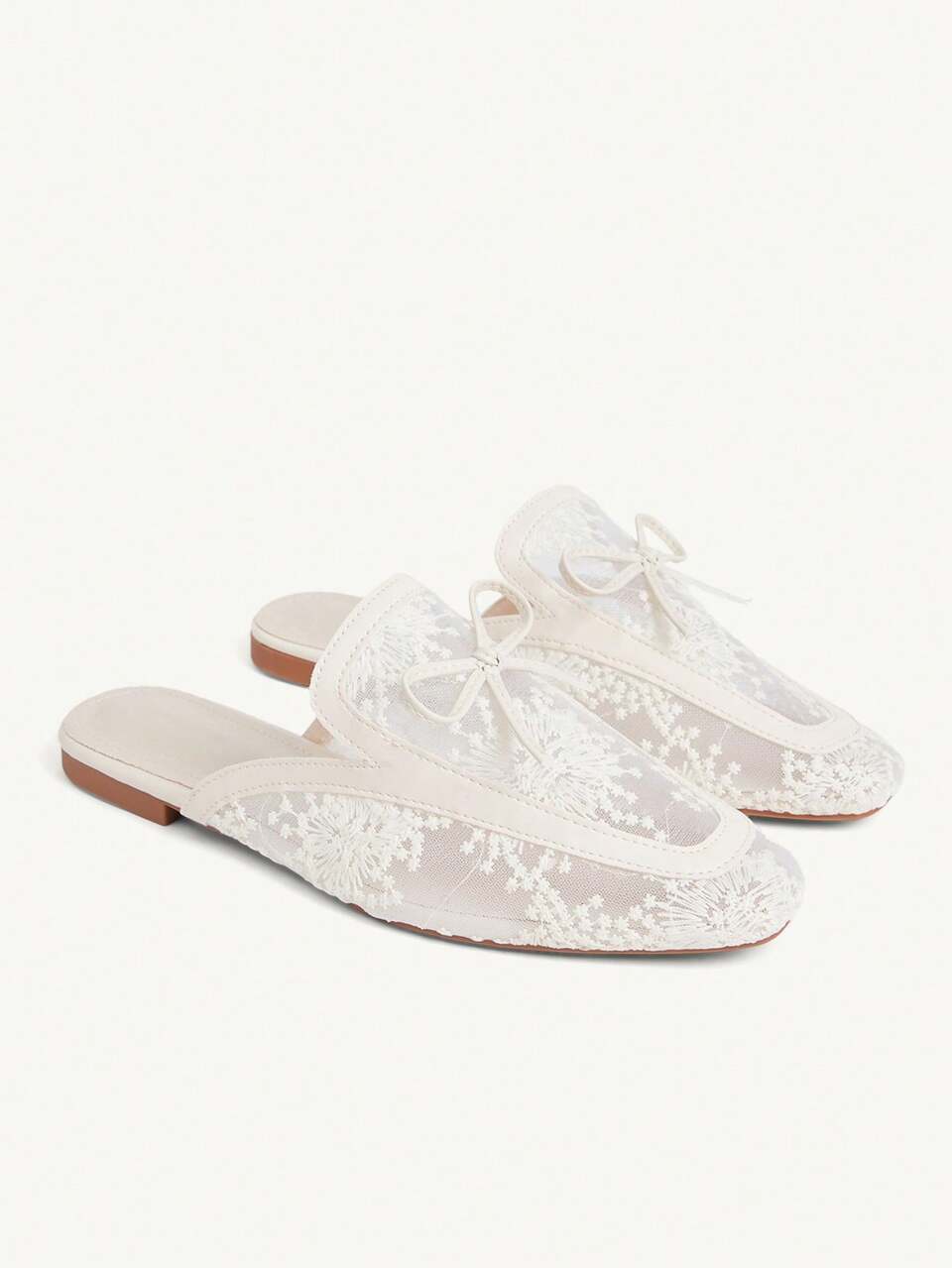 CUCCOO CHICEST Gentle Style Beige Lace Embroidered Mules Shoes Women's Mesh Breathable Bow Flat Bottom Summer Wear Versatile Slippers