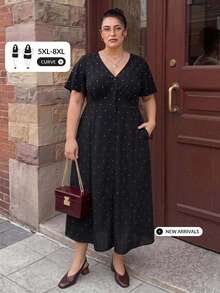 SHEIN CURVE+ 大尺碼法式波點印花單排扣V領洋裝 - 黑與白 - 查看 1