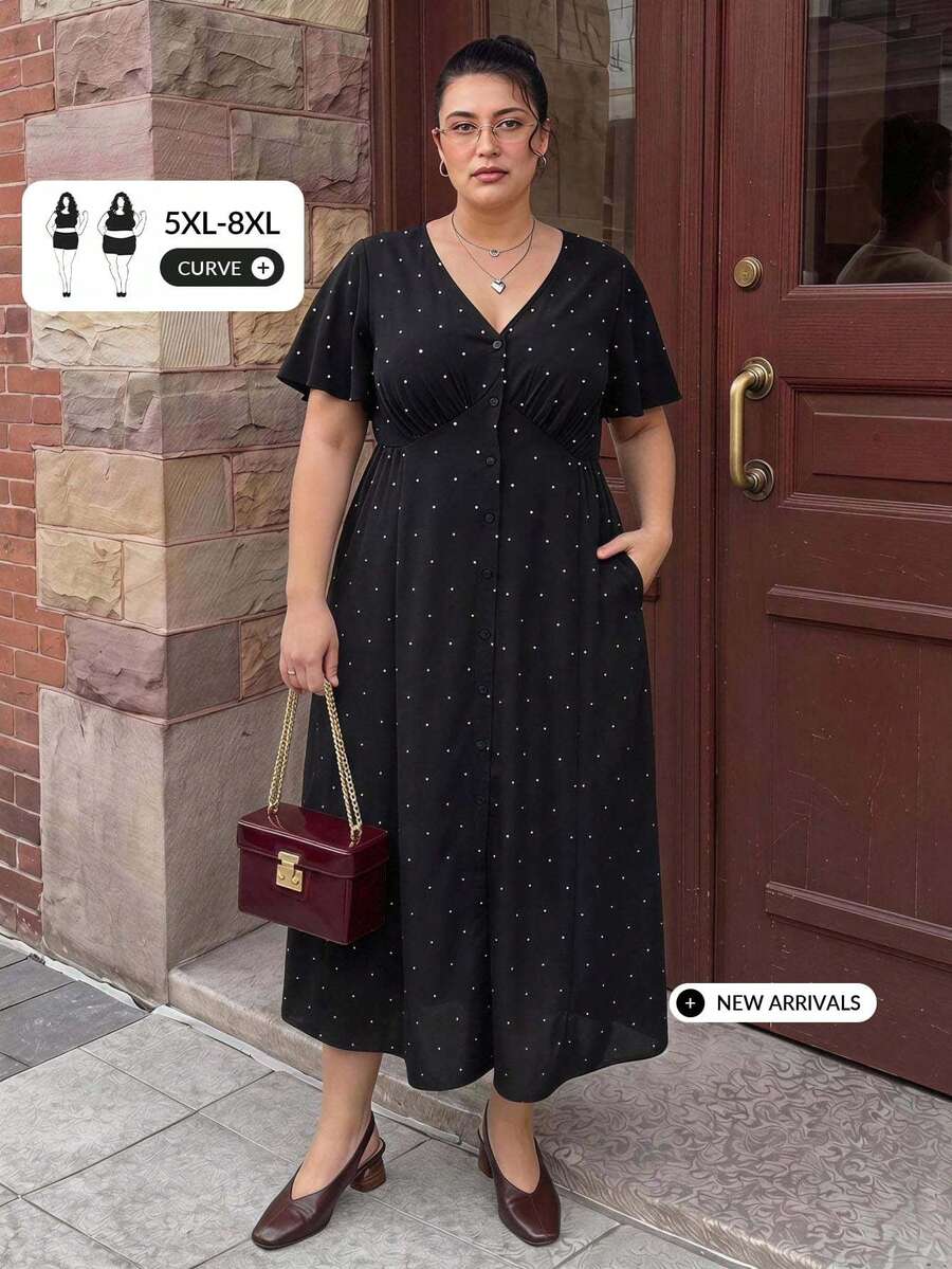 SHEIN CURVE+ 大尺碼法式波點印花單排扣V領洋裝 - 黑與白 - 查看 1