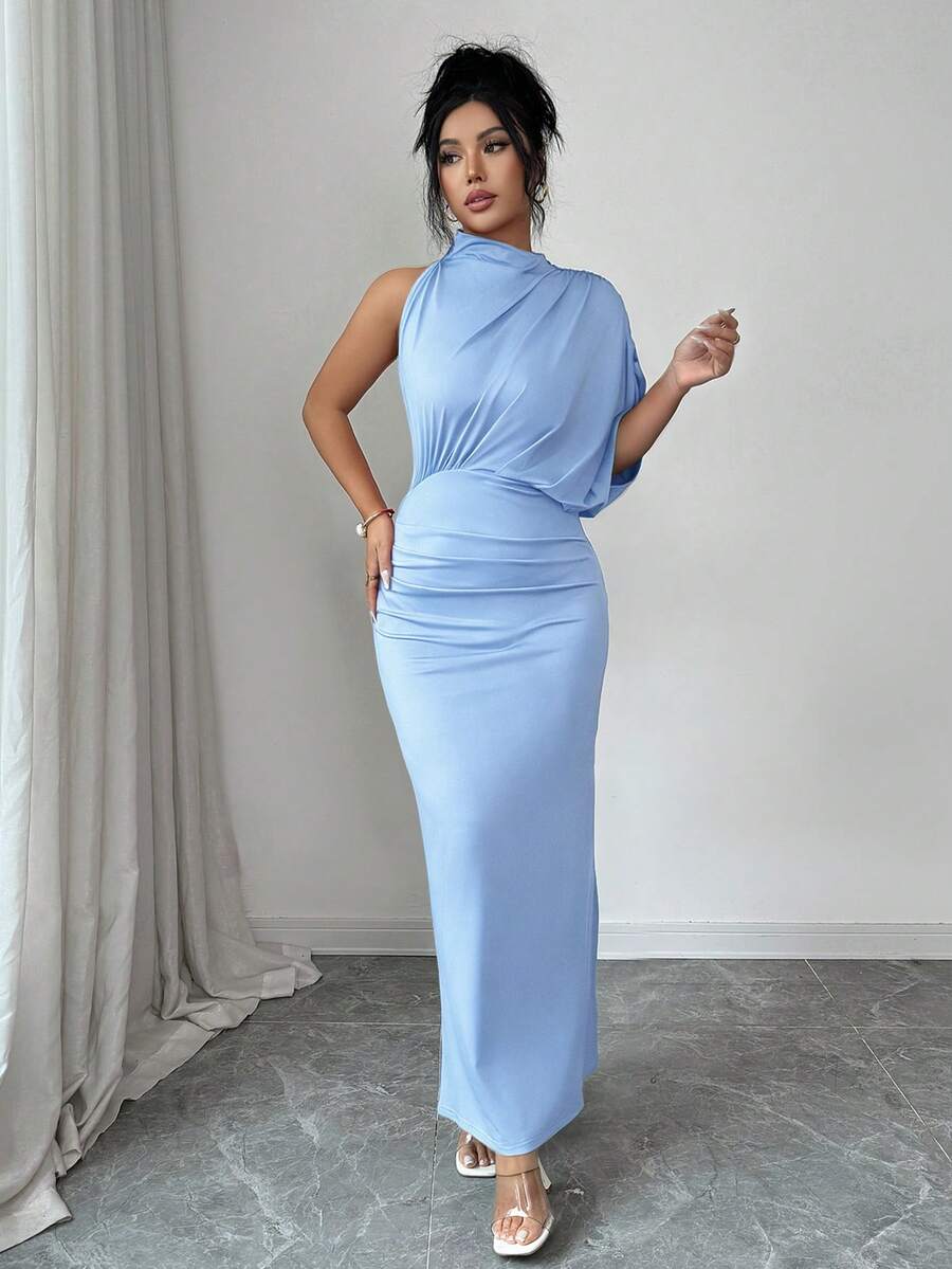 Elenzga Vestido elegante de mujer color borgoña con cuello fruncido, sin mangas, ajustado y acampanado, para primavera/verano, graduación, mangas cortas asimétricas - Azul - Ver 1