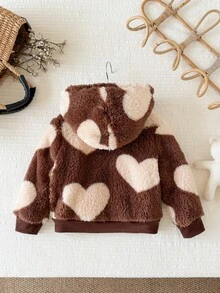 SHEIN 女嬰休閒純色可愛愛心圖案毛絨連帽冬季外套 - 彩色 - 查看 2