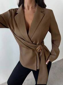 Firerie Women's Metal Decoration Coffee Brown Imitation Linen Waist Suit Jacket Business Office Fall Casual Elegant - Coffee Brown - View 4