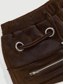 ROMWE Grunge Punk Pantalones cortos casuales y versátiles para uso diario con cintura con cordón para mujer - Café integral - Ver 3
