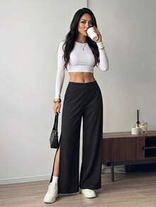 SHEIN PETITE 女款時尚棉混紡通勤長褲，側開衩延伸至大腿 - 黑色 - 查看 6