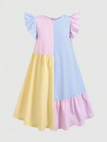 SHEIN Tween Girl Casual Daily Versatile Comfortable Patchwork Colorblock Short Flutter Sleeve Dress Tween Girl - Multicolor - View 4