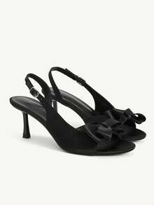 CUCCOO CHICEST Textured Satin High Heels, Summer Black Bow Design, Thin Heels And Thin Commuter Women's Sandals - Black - View 4