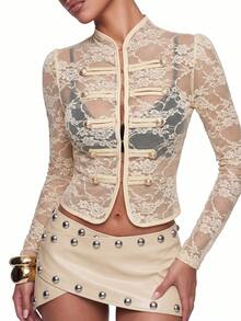 SHEIN ICON Women's French Sexy Lace Sheer Double-Breasted Long Sleeve Jacket - Beige - View 1