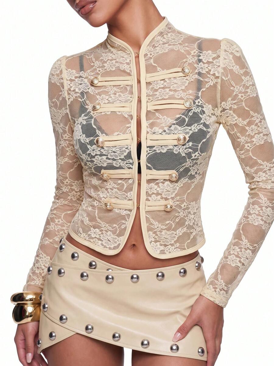 SHEIN ICON Women's French Sexy Lace Sheer Double-Breasted Long Sleeve Jacket - Beige - View 1