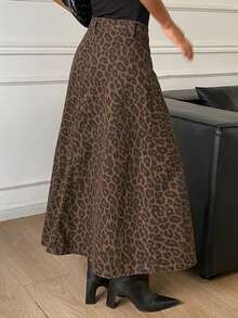 Livesso Rok Denim Panjang Model A-Line Pinggang Tinggi Motif Leopard untuk Wanita, Cocok untuk Musim Gugur/Dingin - Coklat - View 2