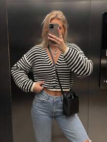 Spring/Autumn Casual Striped Cropped Cardigan - Multicolor - View 2