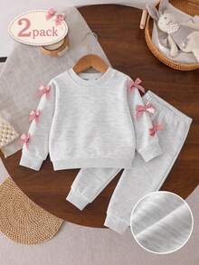 SHEIN Playful Pals 2pcs Baby Girl Cute Y2K Pink Bow Knot Long Sleeve Soft Thick Hoodies Sweatpants 2 Pieces Sets Clothes Back To School Fall Squishy Tops - Light Grey - View 9