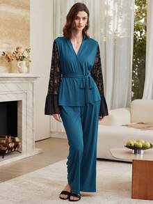 Moireta Französischer eleganter romantischer Damen-Pyjama-Set aus Strick-Jacquard mit ausgestellten Ärmeln und langen Hosen - Blau - Übersicht 4