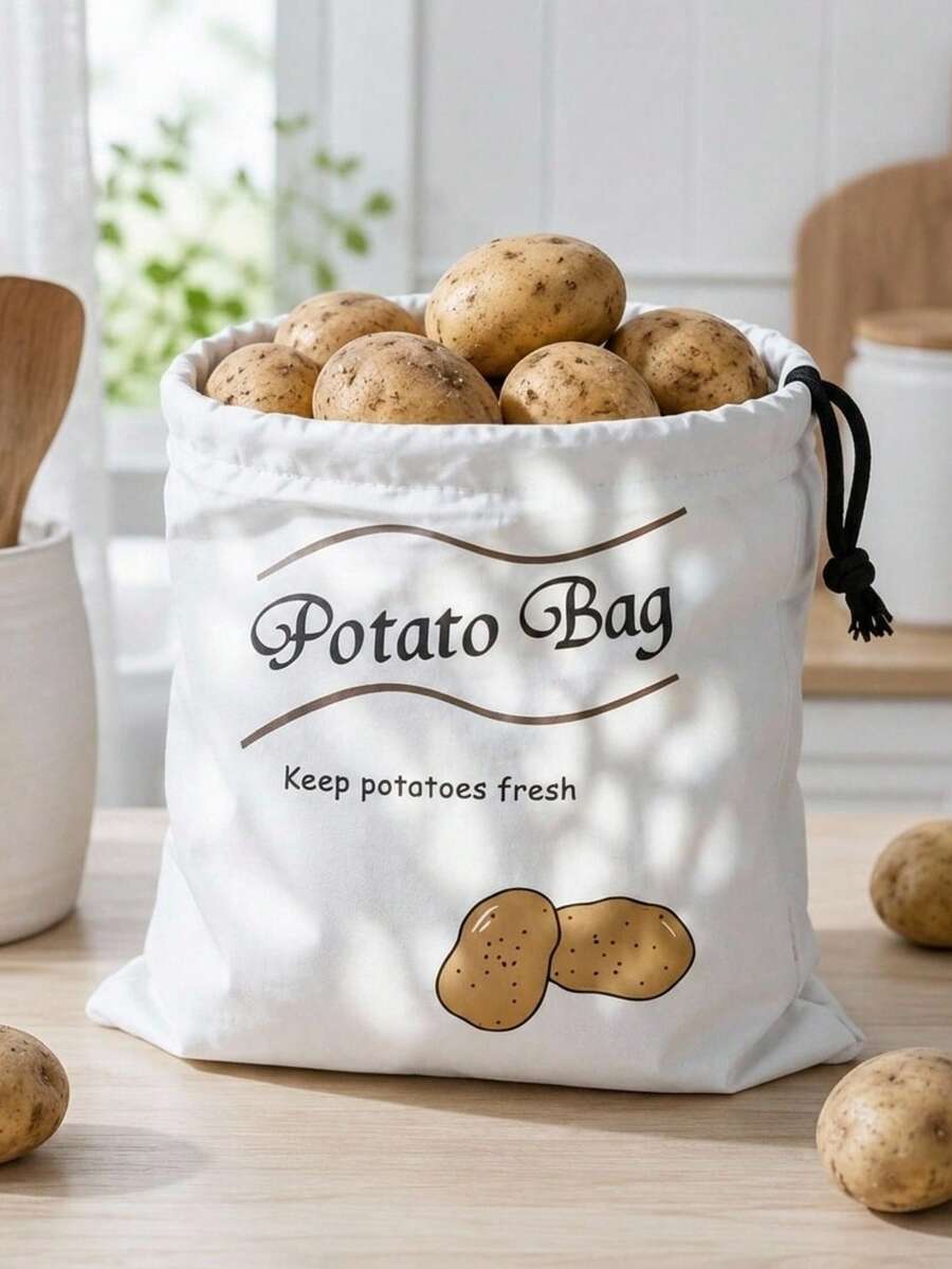 Haus Hana 1/2pcs 26x35cm Portable Canvas Vegetable Storage Bag, Drawstring Potato Onion Pepper Print Produce Organizer With Non-Woven Lining, Simple Farmhouse Pantry Sack For Kitchen, Home, Camping, Grocery, Daily Use & Gift - View 1