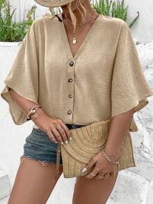 Ceyna Plus Size Women's Elegant Solid Color Jacquard V-Neck Raglan Sleeve Button Decor Beach Resort 2025 Spring/Summer New Versatile Blouse - Khaki - View 6