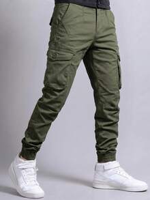 Manfinity Homme Men's Solid Color Cargo Pocket Casual Long Pants - Green - View 1