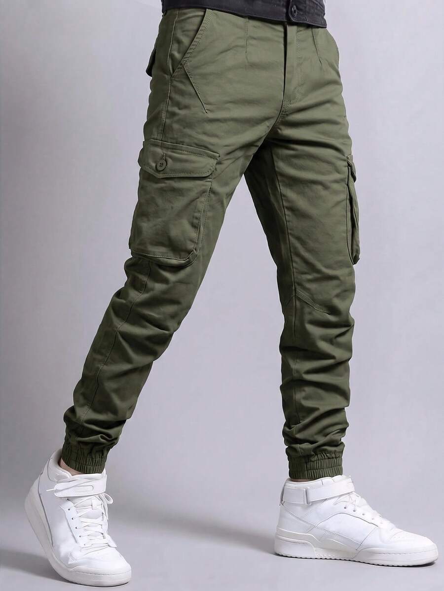 Manfinity Homme Men's Solid Color Cargo Pocket Casual Long Pants - Green - View 1