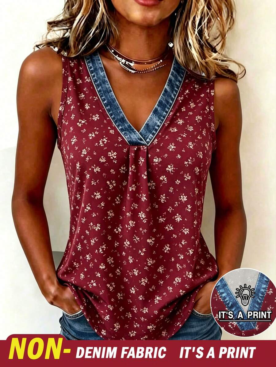 EMERY ROSE Denim Effect Ditsy Floral Contrast Color Regular Blouse For Women - Red - View 1