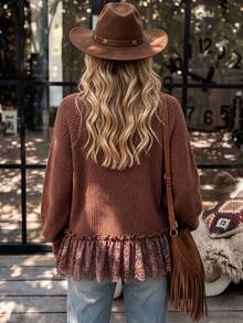 LanaWest Women's Contrast Lace Ruffle Hem Long Sleeve Casual Boho Cardigan Brunch Vacation Coffee Brown Autumn - Brown - View 2