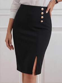 SHEIN LUNE High Waist Button Detail Slit Skirt - Black - View 1