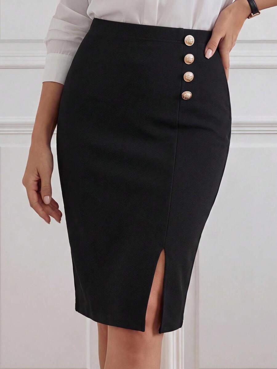 SHEIN LUNE High Waist Button Detail Slit Skirt - Black - View 1