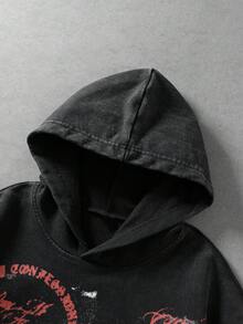 ROMWE MEN 男士深色復古書法肖像藝術連帽衫 - 黑色 - 查看 8